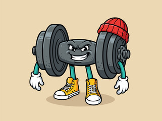 Funny cartoon dumbbell character wearing a beanie and sneakers.