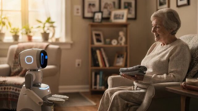 Focused medium shot of a small fetching robot gently approaching a senior resident with outoffocus home decor behind emphasizing personalized support in a senior community unit.