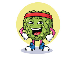Funny cartoon green fruit character wearing a red headband and blue sneakers.