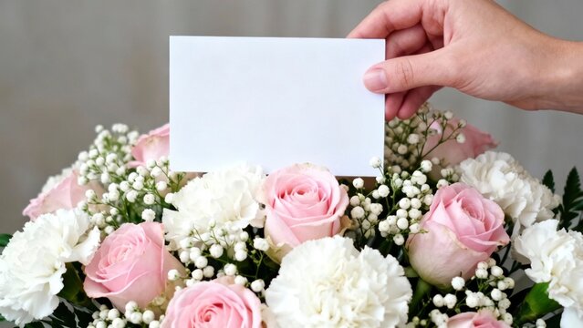 A tender hand delicately holds a blank white card with ample copy space, positioned above a beautiful, vibrant bouquet of fresh flowers. The arrangement features soft pink roses, elegant white carnati