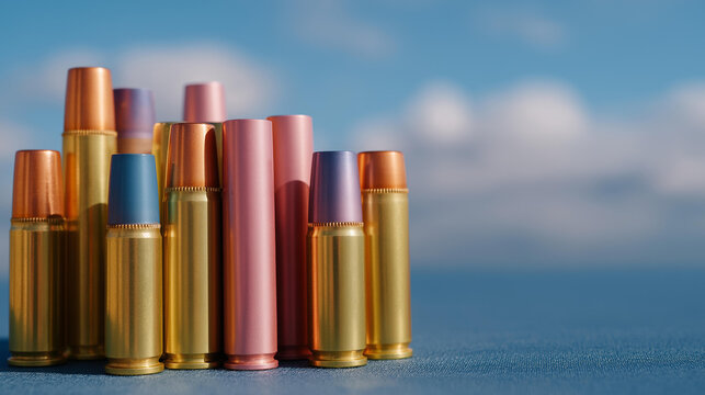 An intriguing composition of shotgun shell bullets stacked vertically on a vibrant background, accentuating their unique colors and designs, while discussing their role in recreational shooting and