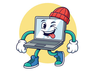 Funny cartoon laptop character with a red beanie and blue sneakers.