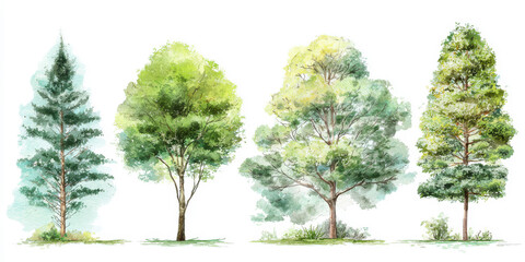 Obraz premium Vibrant Green Trees Watercolor Set: Detailed Pastel Illustrations on White for Nature-Inspired Designs