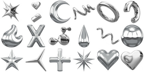 abstract silver metallic shapes and symbols, featuring fluid chrome elements for modern design, a...