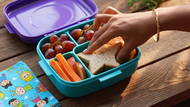 Hand placing star sandwich in bento box with healthy fruit and vegetables on a wooden table outdoors