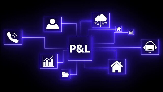 Cloud P&L network diagram with glowing neon icons for business growth customer service teamwork and cyber security on black background.4K Animation motion video.