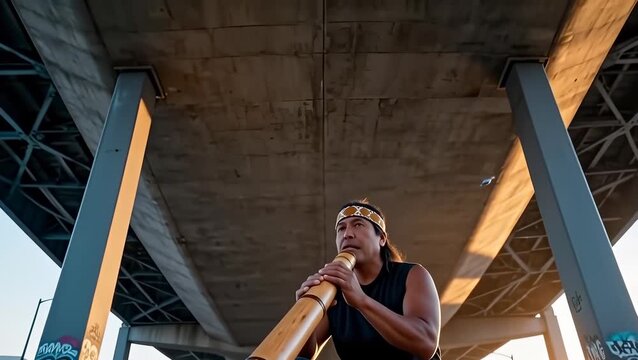 Male Native American Playing Didgeridoo Under Bridge at Sunset