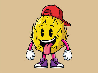 Funny cartoon pineapple character wearing a red cap and sneakers.