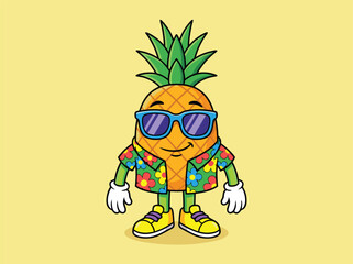 Funny cartoon pineapple character wearing sunglasses and a Hawaiian shirt.