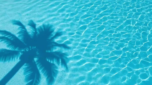 A serene overhead view captures the mesmerizing shadow of a tropical palm tree gently swaying over sparkling, crystal-clear blue water. Sunlight dances on the water's surface, creating intricate, shim