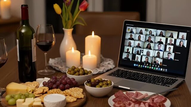 A sophisticated and cozy evening scene captures the essence of modern social connection. A laptop displays a multi-participant video conference, serving as the focal point of a virtual gathering or re