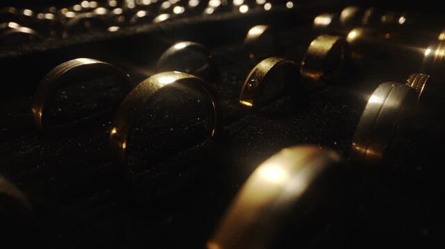 Camera sliding over rows of luxury gold wedding rings in a display box.