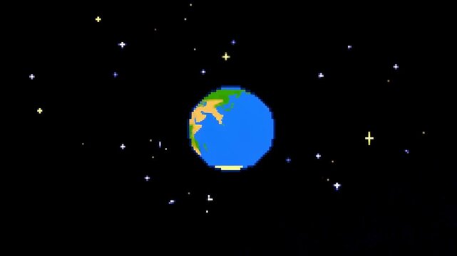 Animated pixel art of Earth rotating in space. Represents global connectivity and the digital age of creativity