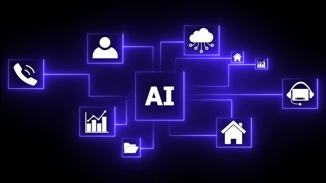 Multi function for Agentic AI technology motion background. Multi agent AI systems, Automate daily Tasks Smart AI solutions improve efficiency, Ai server is connected to each call system.4k video..