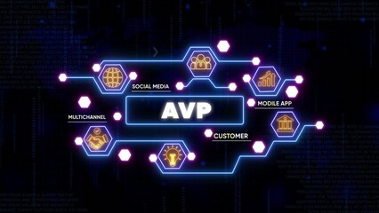 Fototapeta premium AVP Audio Video Processing Technology Concept with Social Media and Customer API Integration in Futuristic Neon Interface