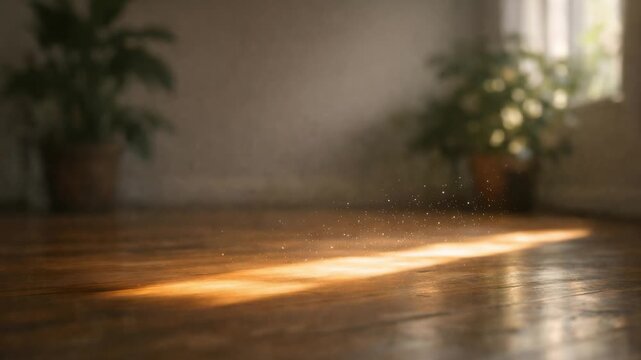 Bright morning sunlight streams through a window, illuminating floating dust particles dancing in the air above a polished wooden floor, creating a warm and tranquil atmosphere in a cozy room