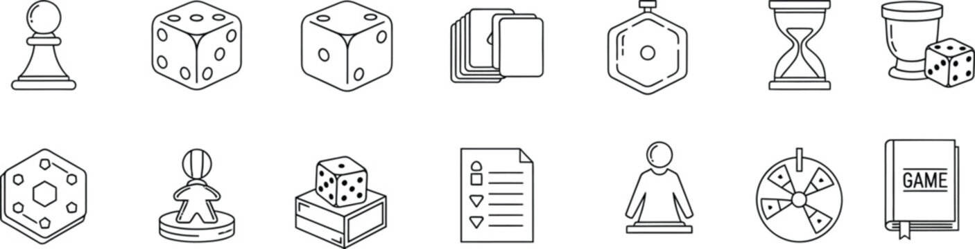 A comprehensive set of line art icons featuring essential components for board game design and play