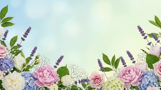 A stunning, lush floral frame gracefully borders the bottom and sides of the screen, creating a beautiful natural vignette. The arrangement features an exquisite mix of delicate blooms, including vibr