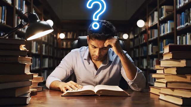 Confused student sitting at a library desk with a neon question mark