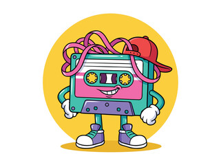 Retro Cassette Tape Character with Red Cap.