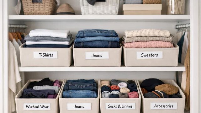 Perfectly organized modern wardrobe with clothes neatly folded into labeled fabric bins for t shirts, jeans, sweaters, and accessories, showcasing a tidy and minimalist storage system