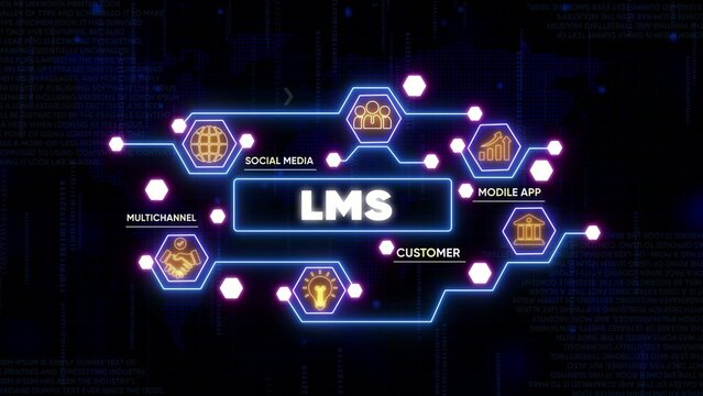 Learning Management System LMS digital network concept with social media multimedia apps integration futuristic neon interface