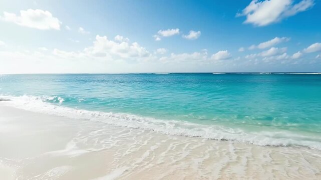 A stunning wide shot of an idyllic tropical beach bathed in radiant daylight. Gentle, crystal-clear turquoise ocean water washes onto a pristine white sandy shore, creating soft, foamy waves that ebb 