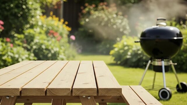 A sturdy wooden picnic table occupies the foreground with a soft-focus garden backdrop. Wisps of smoke rise gently from a classic barbecue grill in the distance, set against lush green foliage and col