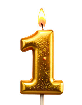 Golden decorated burning birthday candle digit one shaped. Transparent PNG image.