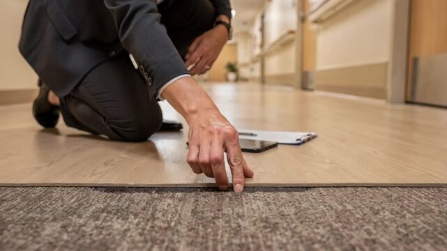 Focused shot of a therapist assessing uneven threshold transitions in an assistedliving unit corridor capturing attention on the floor surface with the walls and furniture muted.