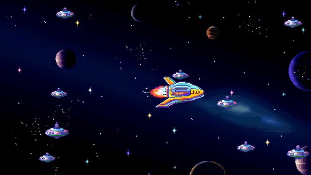 Colorful pixel art spaceship navigating through a vibrant galaxy filled with planets and UFOs. A nostalgic journey through retro gaming aesthetics