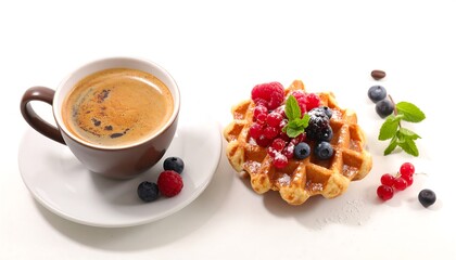 Delicious Waffle with Fresh Berries and Coffee Cup.