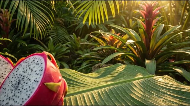 Sliced dragon fruit halves on large green leaf panning to lush tropical garden and bromeliad in sunlight