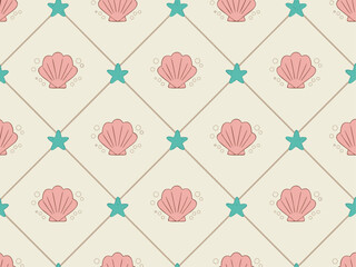 Seamless Pattern of Pink Scallop Shells and Teal Stars.