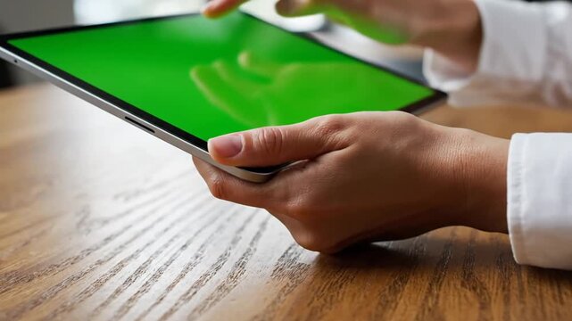 Hands holding and interacting with a digital tablet featuring a green screen display on a wooden table.