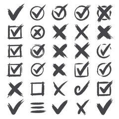 Set hand drawn check mark, tick and cross brush signs, checkmark OK and X icons, symbols YES and NO button, checkbox chalk icons, sketch checkmarks, checklist marks - stock vector © Ratul GFX