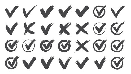 Set hand drawn check mark, tick and cross brush signs, checkmark OK and X icons, symbols YES and NO button, checkbox chalk icons, sketch checkmarks, checklist marks - stock vector © Ratul GFX
