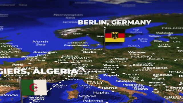 Flight From Algiers ALGERIA to Berlin GERMANY with flag pins