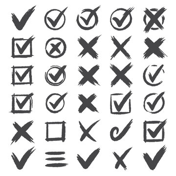 Set hand drawn check mark, tick and cross brush signs, checkmark OK and X icons, symbols YES and NO button, checkbox chalk icons, sketch checkmarks, checklist marks - stock vector