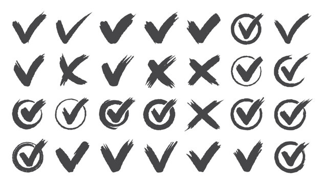 Set hand drawn check mark, tick and cross brush signs, checkmark OK and X icons, symbols YES and NO button, checkbox chalk icons, sketch checkmarks, checklist marks - stock vector