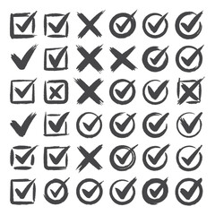 Hand drawn check signs. Doodle checkmarks and crosses. Empty and filled boxes for answers in test, confirmation or negation icons. Checklist pencil marks template, vector voting isolated flat set