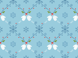 Seamless Winter Pattern with Snowflakes and Mittens.