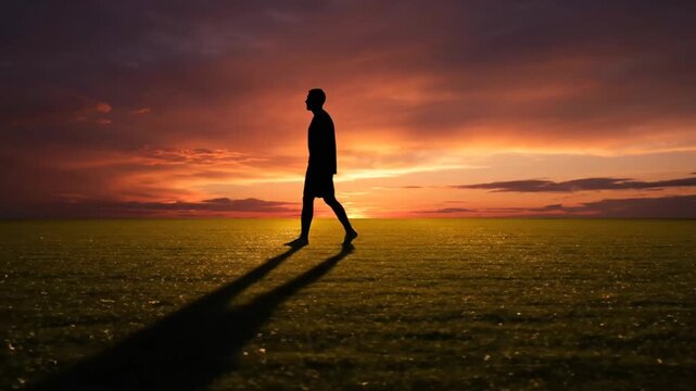 Man walking in silhouette against vibrant sunset over grassy field