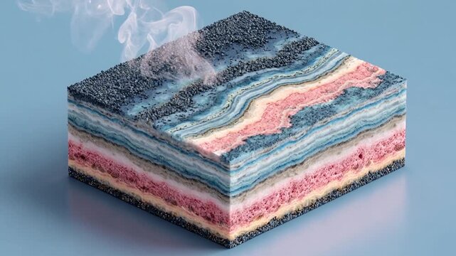 A layered cube revealing geological strata with vapor rising. The cube sits on a light blue background