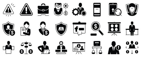 Fototapeta premium risk management glyph solid icons collection including analysis strategy identification and finance protection concepts.