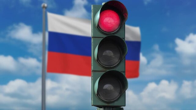 Russian flag and a red traffic light symbolizing the stop when entering Russia