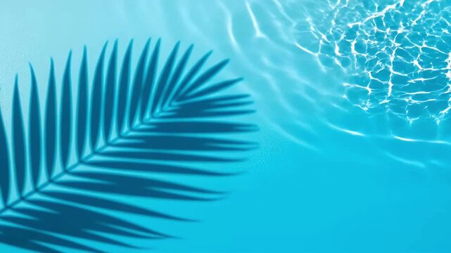 A vibrant, clear blue surface is bathed in bright sunlight, creating mesmerizing caustic patterns that ripple gently, suggesting the tranquil surface of clear water. The striking silhouette of a tropi