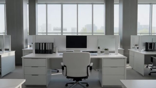 Modern office interior with rows of empty white desks and computers bathed in natural light from large windows showcasing a city skyline view representing corporate workspace productivity and
