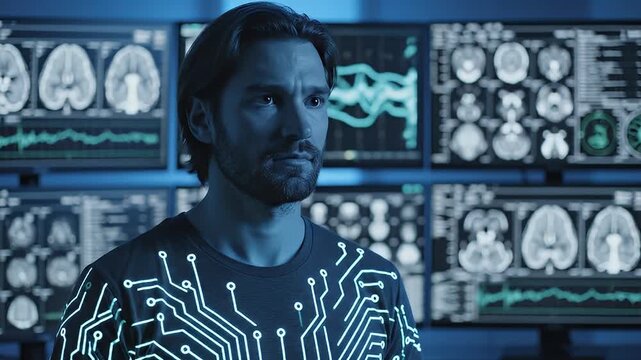 Man standing in a data center with medical brain scans on screen
