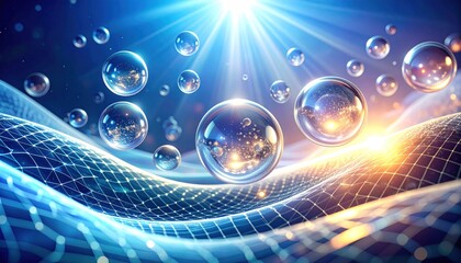 Abstract artwork of spheres with glowing interiors in luminous blue and gold